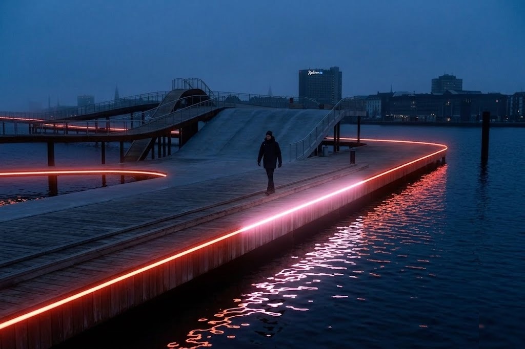 A visitor walking on the Kalvebod Bølge boardwalk at night with a bright heartbeat pulse glowing along the LED line beside their footstep.