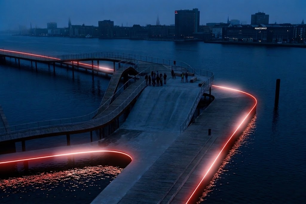 Concept render of Harbor Heartbeat at Kalvebod Bølge, Copenhagen, at night